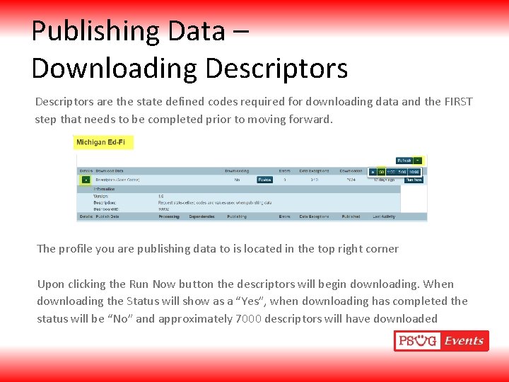 Publishing Data – Downloading Descriptors are the state defined codes required for downloading data