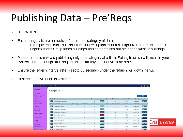 Publishing Data – Pre’Reqs • BE PATIENT! • Each category is a pre-requisite for