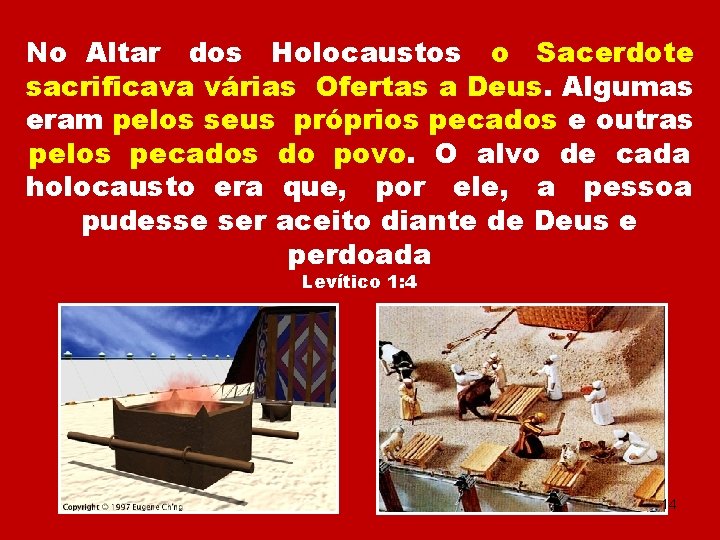 No Altar dos Holocaustos o Sacerdote sacrificava várias Ofertas a Deus. Algumas eram pelos