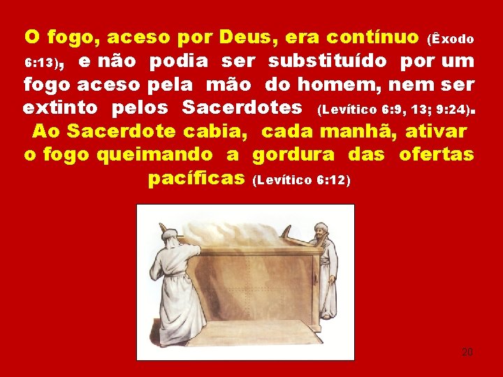 O fogo, aceso por Deus, era contínuo (Êxodo 6: 13), e não podia ser