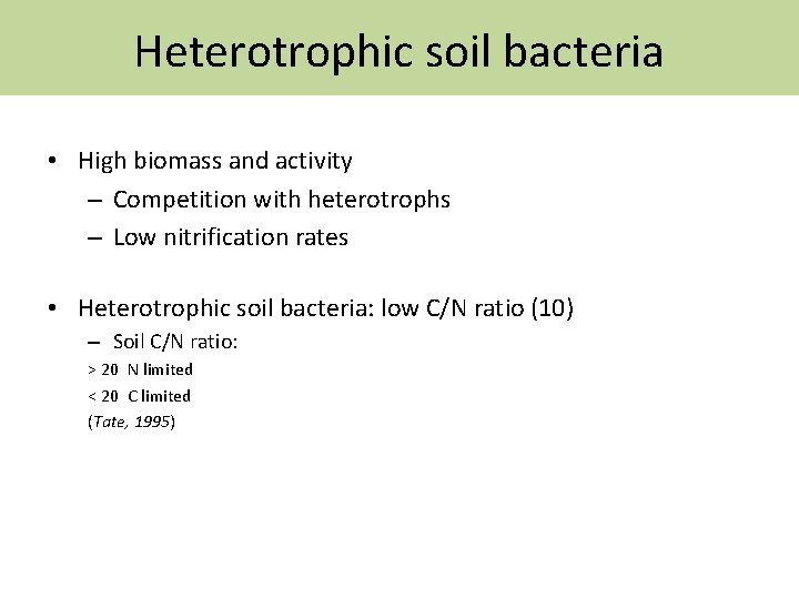 Heterotrophic soil bacteria • High biomass and activity – Competition with heterotrophs – Low