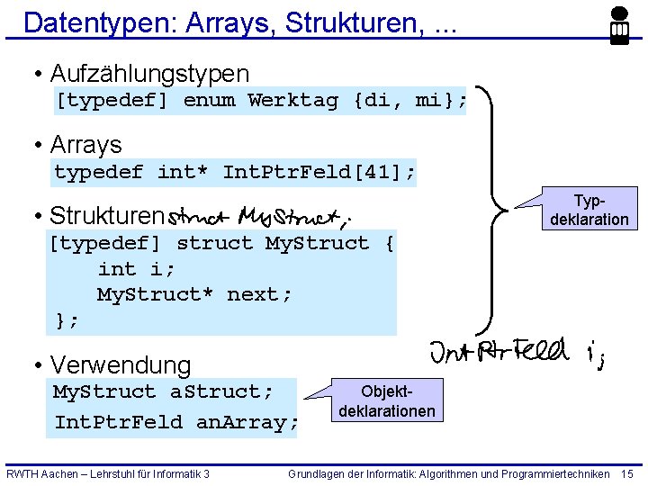 Datentypen: Arrays, Strukturen, . . . • Aufzählungstypen [typedef] enum Werktag {di, mi}; •