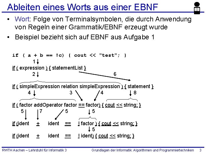 Ableiten eines Worts aus einer EBNF • Wort: Folge von Terminalsymbolen, die durch Anwendung