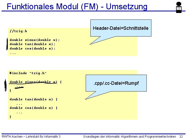 Funktionales Modul (FM) - Umsetzung //trig. h Header-Datei=Schnittstelle double sinus(double x); double tan(double x);