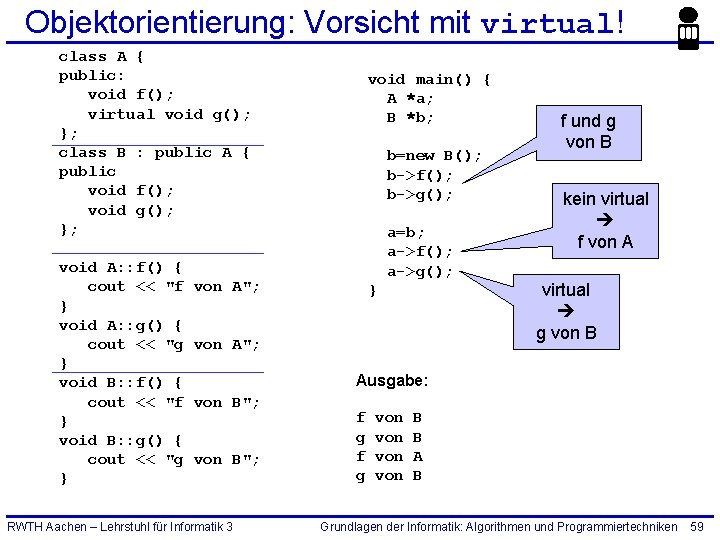 Objektorientierung: Vorsicht mit virtual! class A { public: void f(); virtual void g(); };