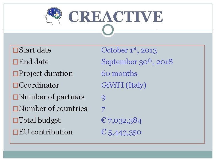 CREACTIVE �Start date October 1 st, 2013 �End date September 30 th, 2018 �Project