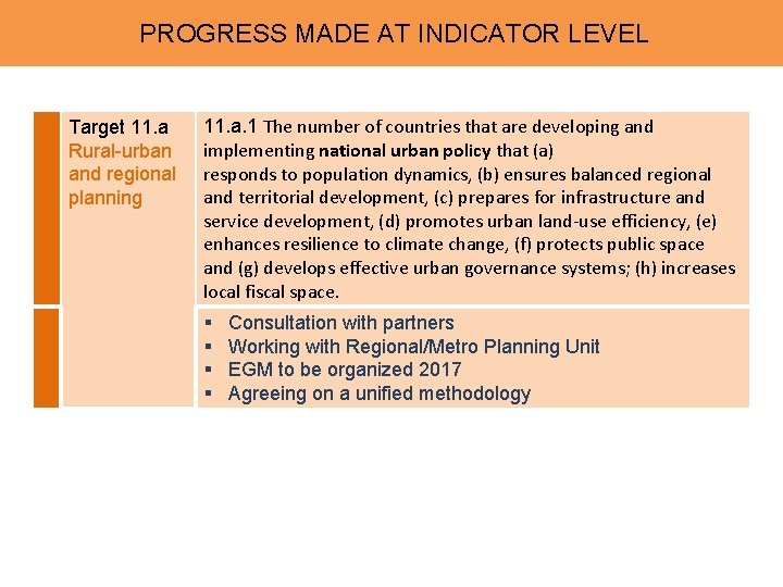 APPROVED PROGRESS INDICATORS MADE AT INDICATOR LEVEL Target 11. a Rural-urban and regional planning