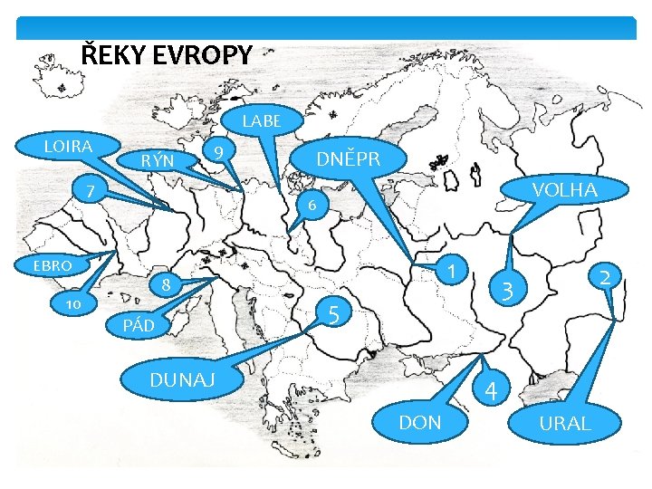 ŘEKY EVROPY LABE LOIRA RÝN 9 7 DNĚPR VOLHA 6 EBRO 8 10 PÁD