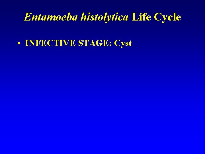 Entamoeba histolytica Life Cycle • INFECTIVE STAGE: Cyst 