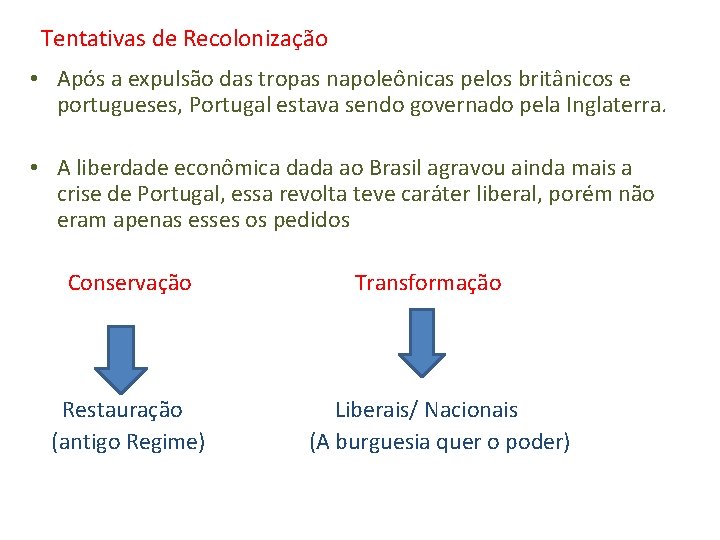 Tentativas de Recolonização • Após a expulsão das tropas napoleônicas pelos britânicos e portugueses,