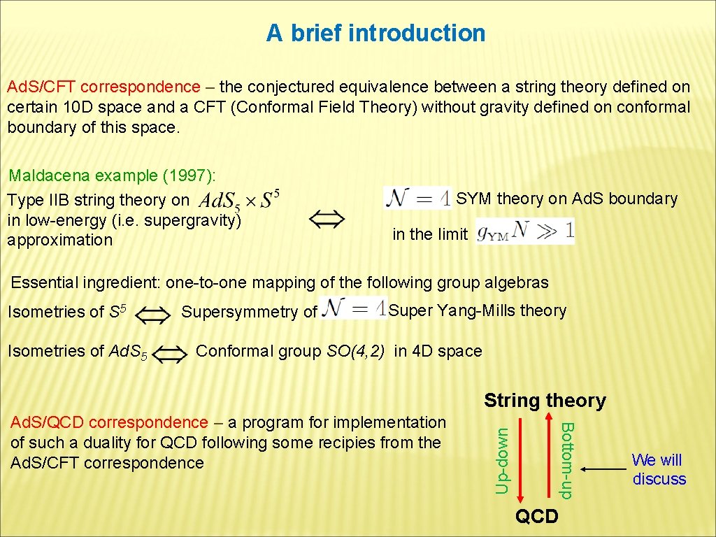 A brief introduction Ad. S/CFT correspondence – the conjectured equivalence between a string theory