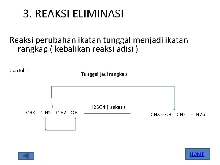3. REAKSI ELIMINASI Reaksi perubahan ikatan tunggal menjadi ikatan rangkap ( kebalikan reaksi adisi