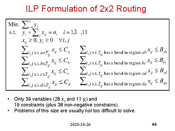 ILP Formulation of 2 x 2 Routing • Only 39 variables (28 xij and