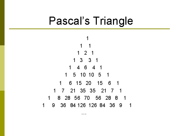 Pascal’s Triangle 1 1 2 1 1 3 3 1 1 4 6 4