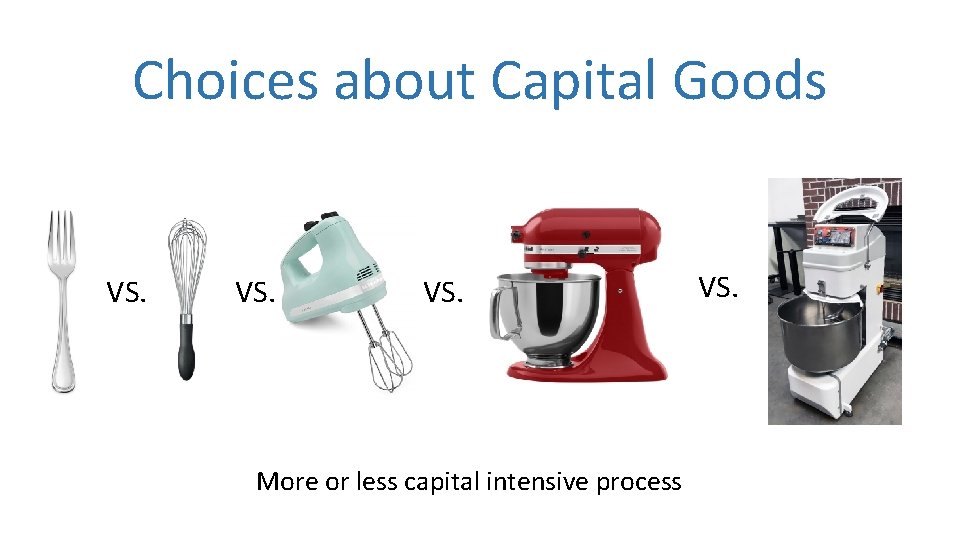 Choices about Capital Goods VS. More or less capital intensive process VS. 