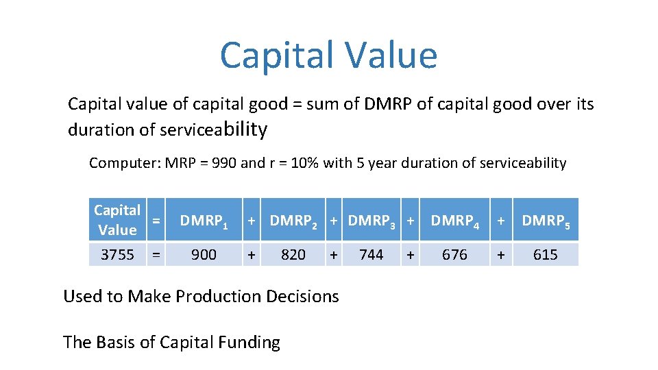 Capital Value Capital value of capital good = sum of DMRP of capital good