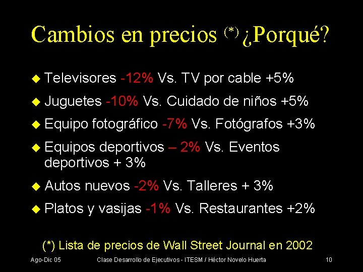 Cambios en precios (*) ¿Porqué? u Televisores u Juguetes u Equipo -12% Vs. TV