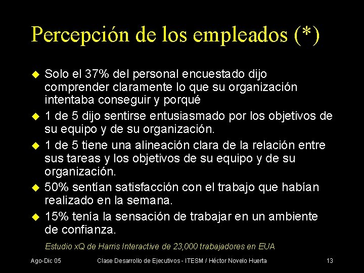 Percepción de los empleados (*) u u u Solo el 37% del personal encuestado