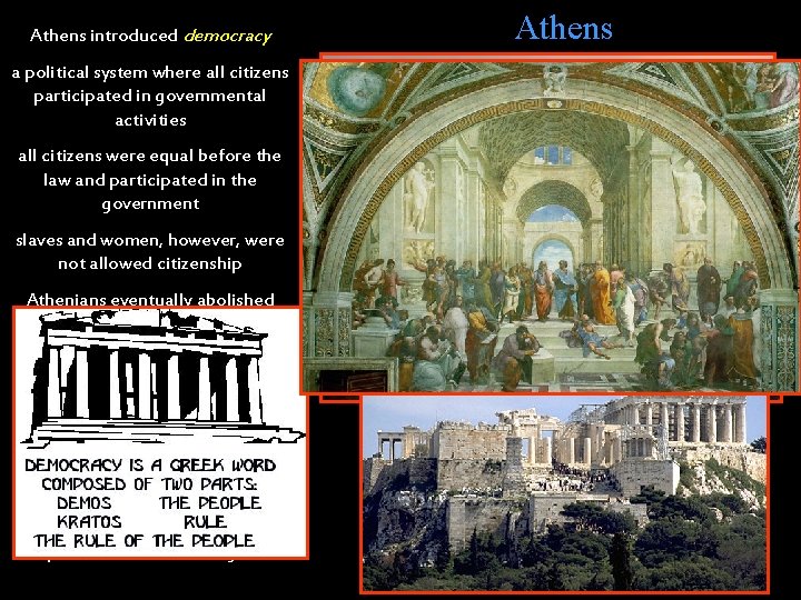 Athens introduced democracy a political system where all citizens participated in governmental activities all