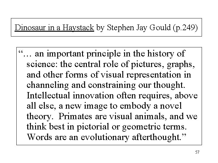 Dinosaur in a Haystack by Stephen Jay Gould (p. 249) “… an important principle