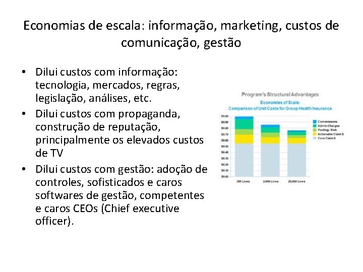 Economias de escala: informação, marketing, custos de comunicação, gestão • Dilui custos com informação: