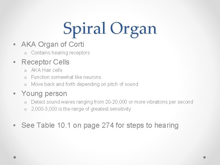 Spiral Organ • AKA Organ of Corti o Contains hearing receptors • Receptor Cells