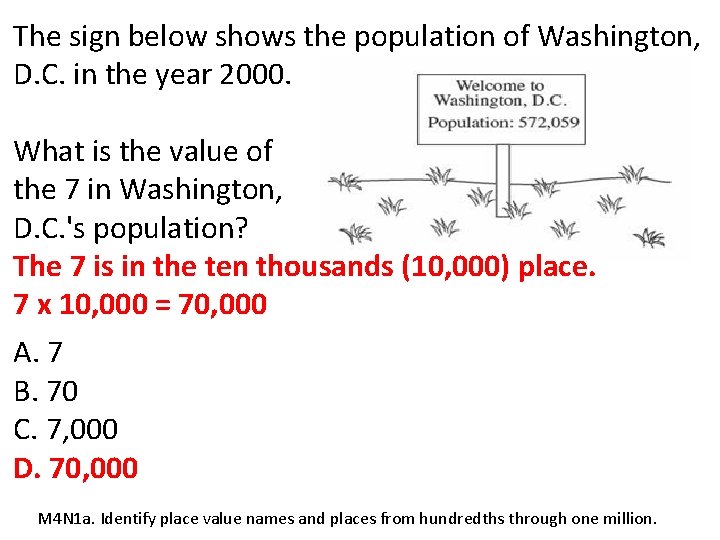 The sign below shows the population of Washington, D. C. in the year 2000.