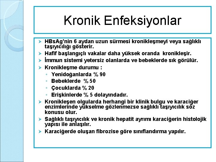 Kronik Enfeksiyonlar Ø Ø Ø Ø HBs. Ag’nin 6 aydan uzun sürmesi kronikleşmeyi veya