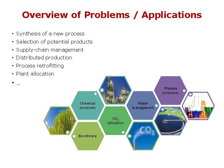 Overview of Problems / Applications • Synthesis of a new process • Selection of