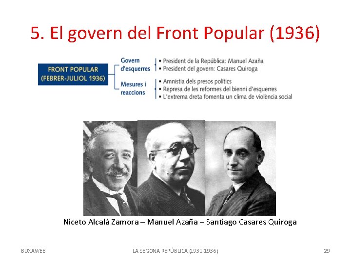 5. El govern del Front Popular (1936) Niceto Alcalá Zamora – Manuel Azaña –