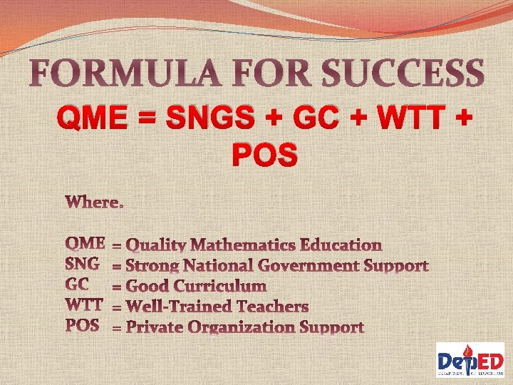 FORMULA FOR SUCCESS QME = SNGS + GC + WTT + POS 