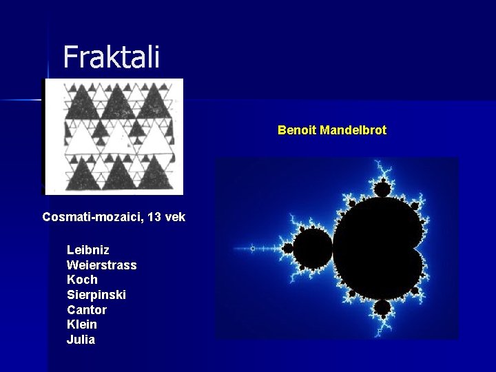 Fraktali Benoit Mandelbrot Cosmati-mozaici, 13 vek Leibniz Weierstrass Koch Sierpinski Cantor Klein Julia 