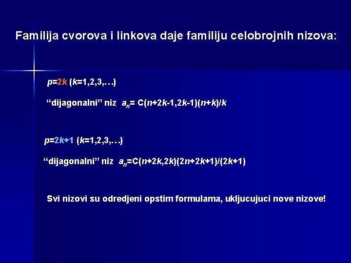 Familija cvorova i linkova daje familiju celobrojnih nizova: p=2 k (k=1, 2, 3, …)