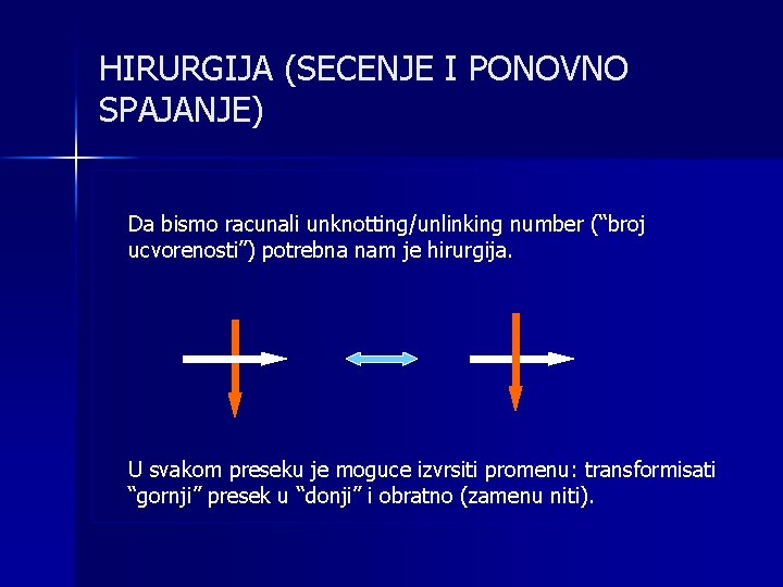 HIRURGIJA (SECENJE I PONOVNO SPAJANJE) Da bismo racunali unknotting/unlinking number (“broj ucvorenosti”) potrebna nam