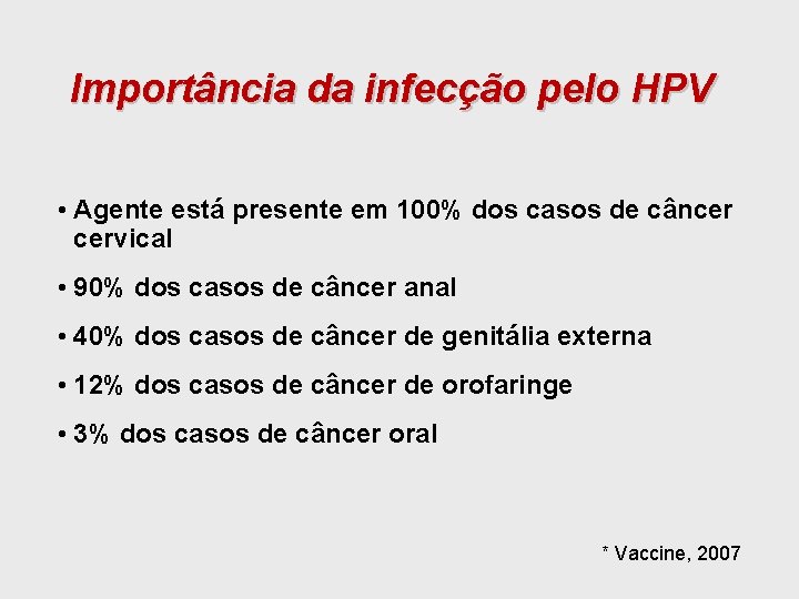 Importância da infecção pelo HPV • Agente está presente em 100% dos casos de