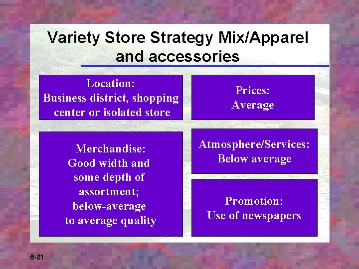 Variety Store Strategy Mix/Apparel and accessories Location: Business district, shopping center or isolated store