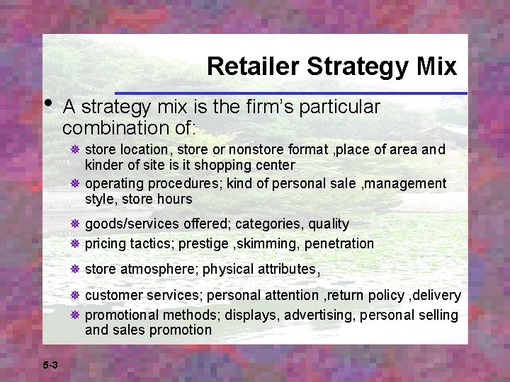 Retailer Strategy Mix • A strategy mix is the firm’s particular combination of: ¯