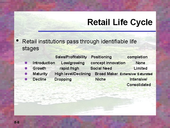 Retail Life Cycle • Retail institutions pass through identifiable life stages Sales/Profitability ¯ ¯