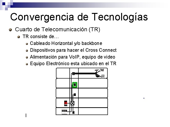 Convergencia de Tecnologías Cuarto de Telecomunicación (TR) TR consiste de… Cableado Horizontal y/o backbone