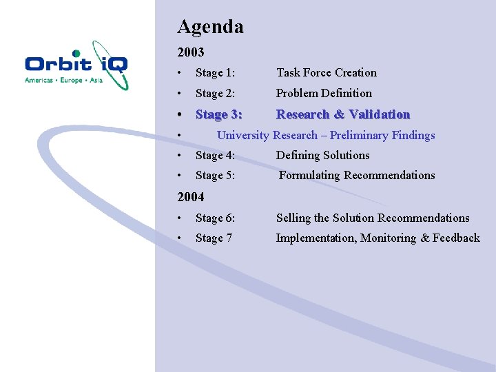 Agenda 2003 • Stage 1: Task Force Creation • Stage 2: Problem Definition •