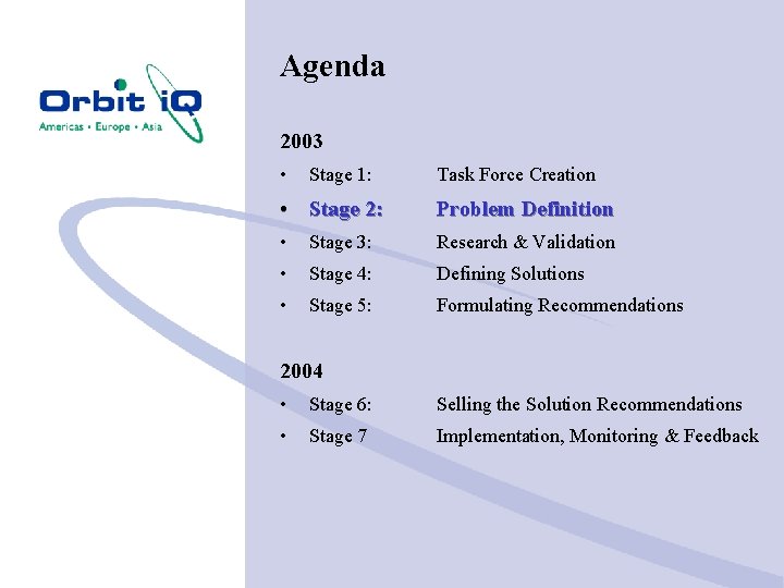 Agenda 2003 • Stage 1: Task Force Creation • Stage 2: Problem Definition •