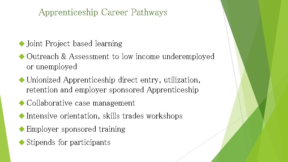 Apprenticeship Career Pathways Joint Project based learning Outreach & Assessment to low income underemployed