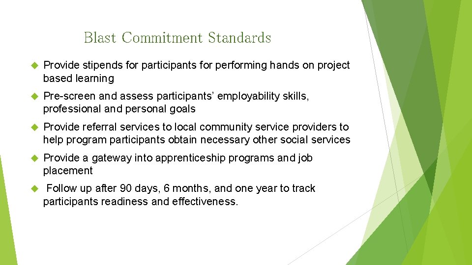 Blast Commitment Standards Provide stipends for participants for performing hands on project based learning