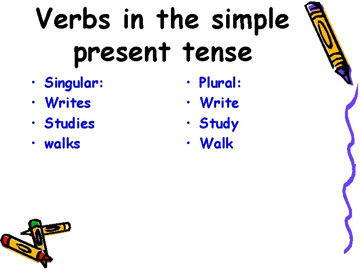Verbs in the simple present tense • • Singular: Writes Studies walks • •