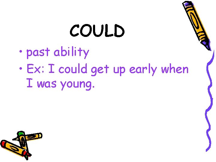 COULD • past ability • Ex: I could get up early when I was