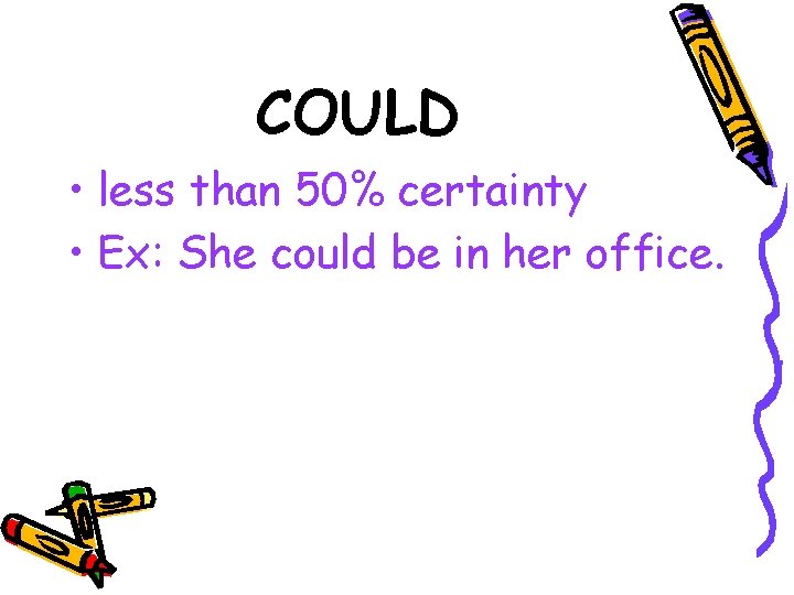 COULD • less than 50% certainty • Ex: She could be in her office.