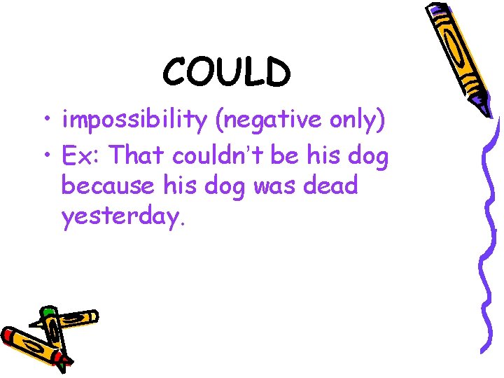 COULD • impossibility (negative only) • Ex: That couldn’t be his dog because his