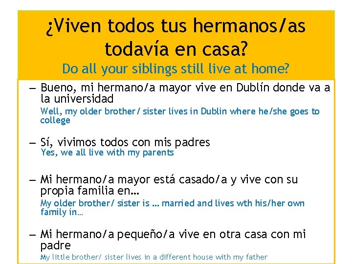 ¿Viven todos tus hermanos/as todavía en casa? Do all your siblings still live at