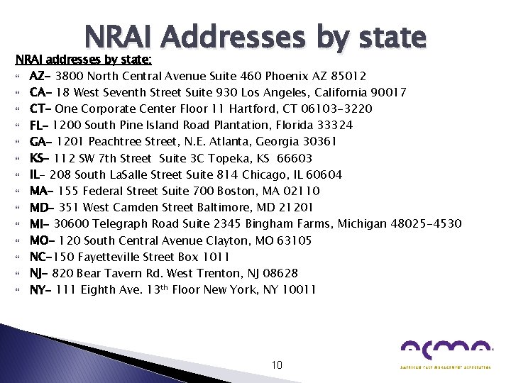 NRAI Addresses by state NRAI addresses by state: AZ- 3800 North Central Avenue Suite