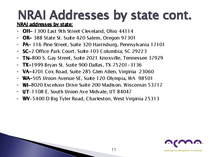 NRAI Addresses by state cont. NRAI addresses by state: OH- 1300 East 9 th